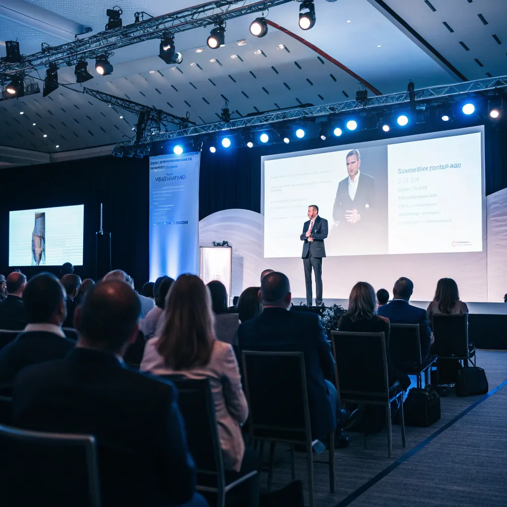 Corporate event photography capturing a keynote speech